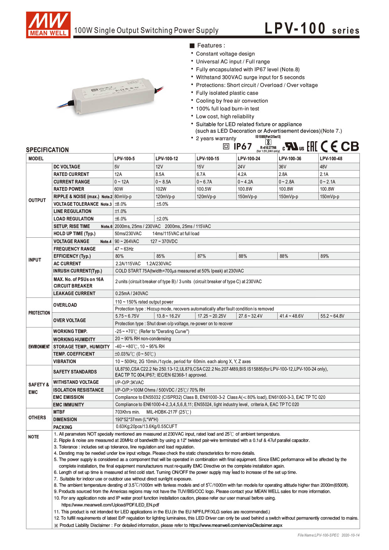 LPV-100-12 Meanwell Netzteil 230Volt  - 12V  8,5A 100Watt