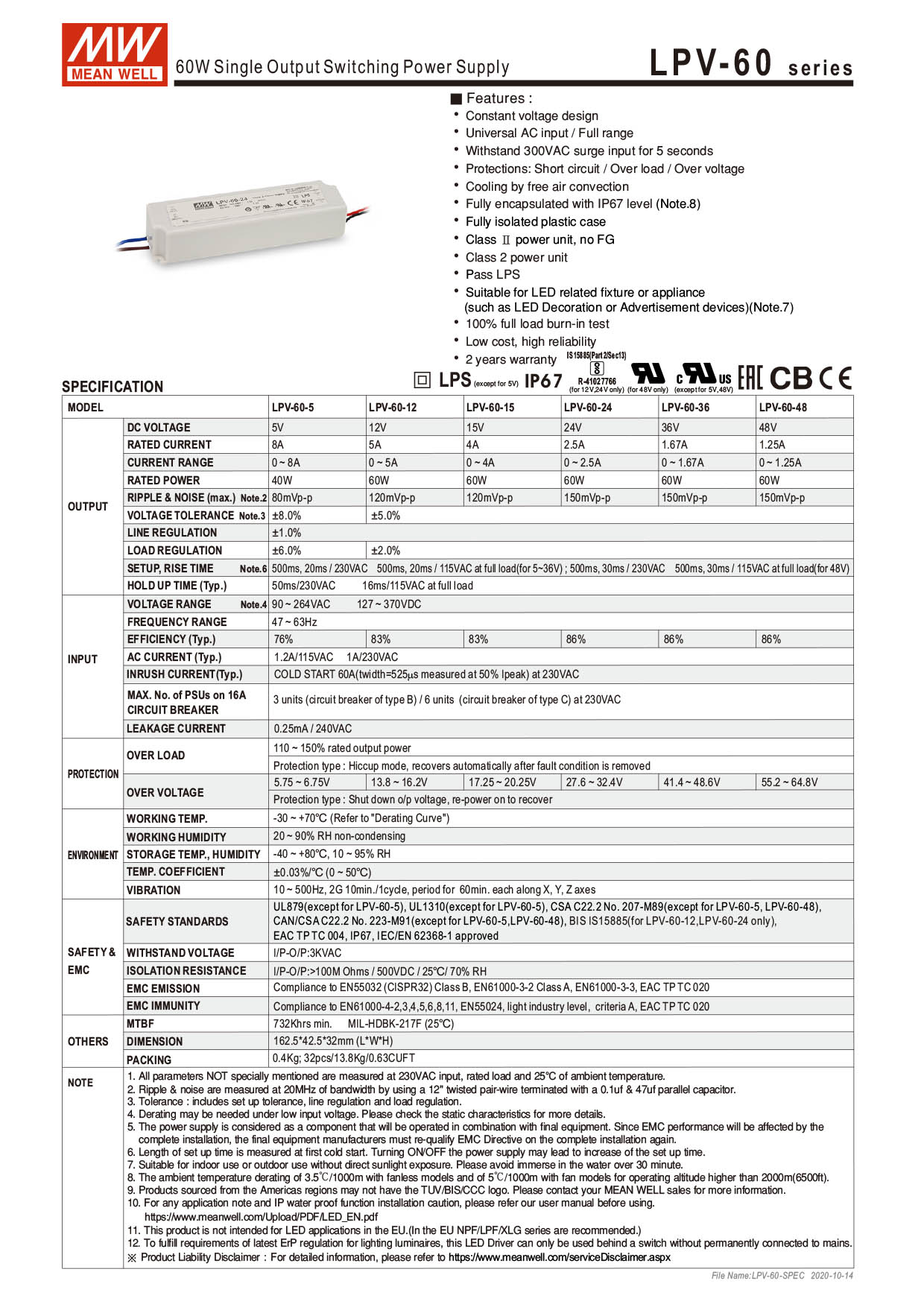 LPV-60-12 Meanwell Netzteil 230Volt  - 12V  5A 60Watt