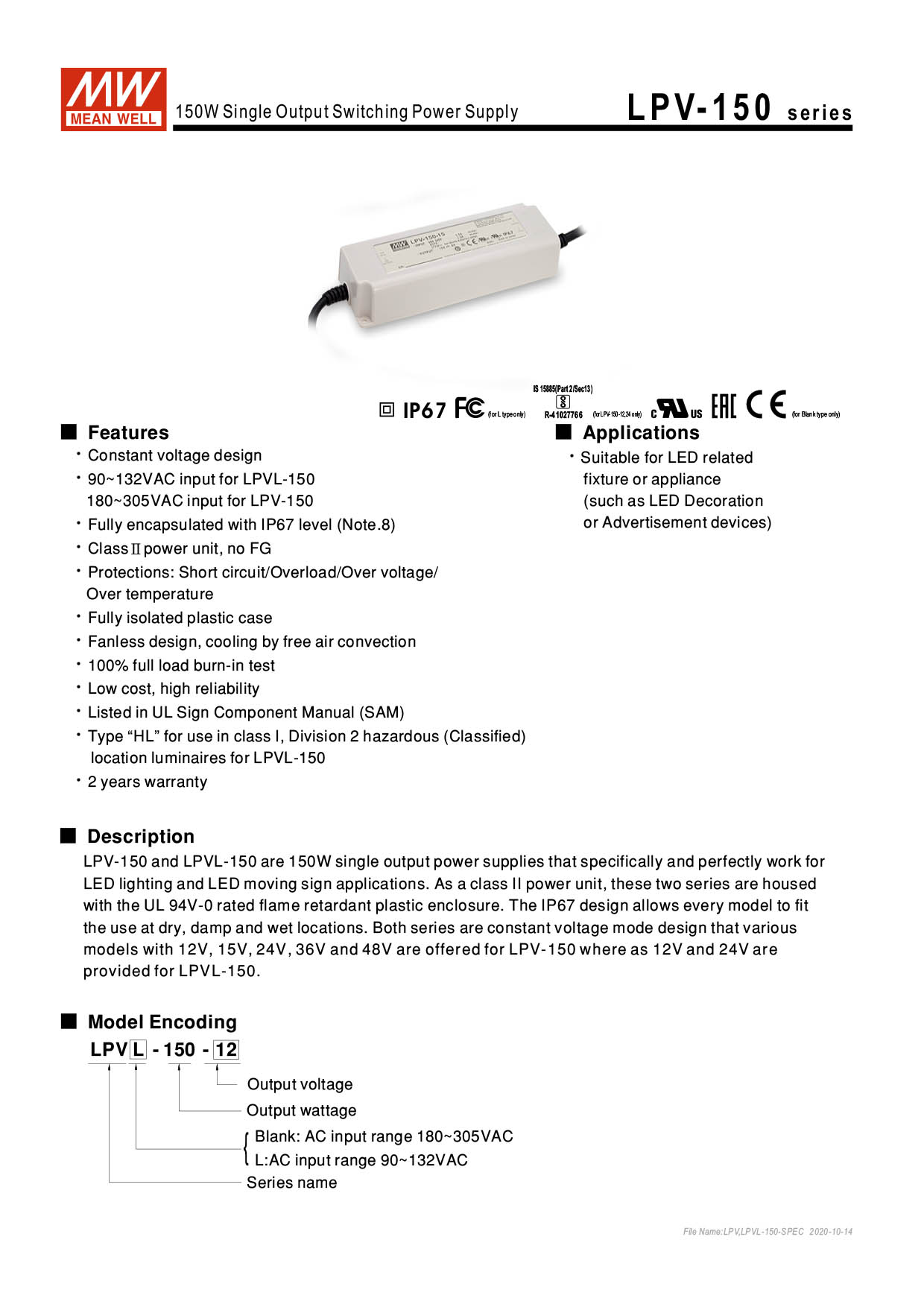 LPV-150-12 Meanwell Netzteil 230Volt  - 12V  10A 150Watt